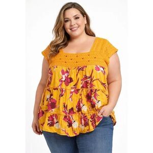 Lane Bryant Floral Peplum Top Mustard Yellow Boho Cotton Blouse 22